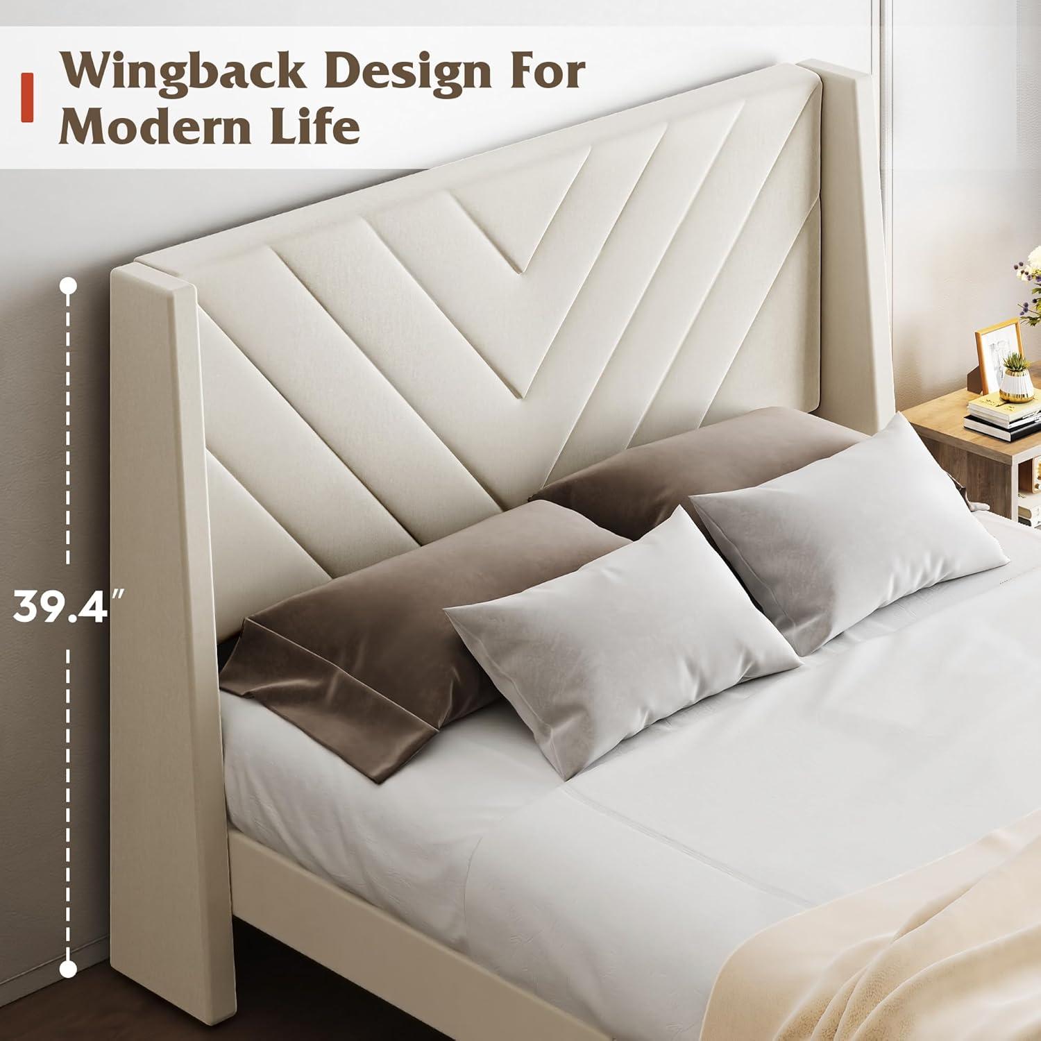 imageWLIVE Queen Size Upholstered Bed Frame with Wing Side Tufted Headboard Velvet Tufted Platform Bed Sturdy Metal ampamp Wooden Slats Support No Box Spring Needed BeigeBeige