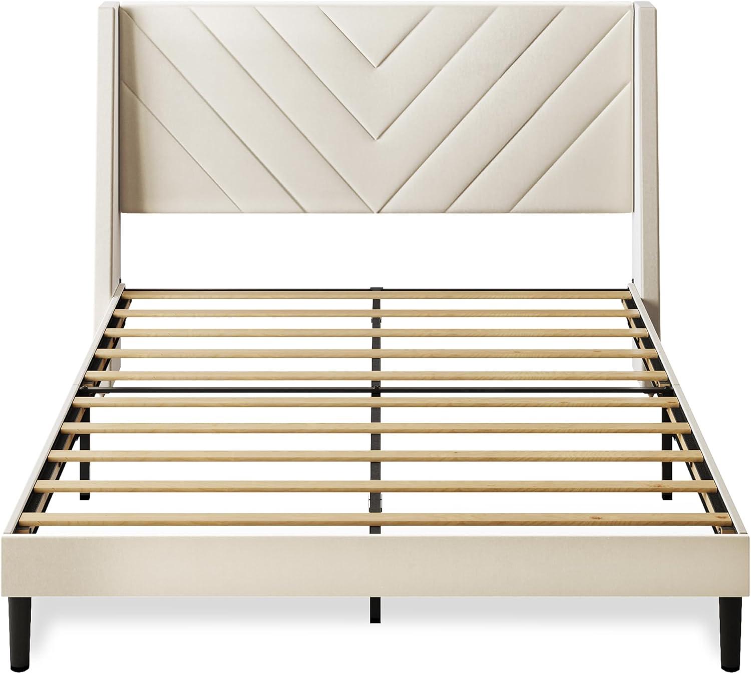 imageWLIVE Queen Size Upholstered Bed Frame with Wing Side Tufted Headboard Velvet Tufted Platform Bed Sturdy Metal ampamp Wooden Slats Support No Box Spring Needed BeigeBeige
