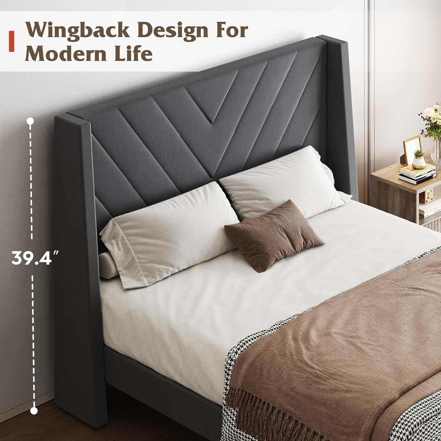 imageWLIVE Queen Size Upholstered Bed Frame with Wing Side Tufted Headboard Velvet Tufted Platform Bed Sturdy Metal ampamp Wooden Slats Support No Box Spring Needed BeigeGrey