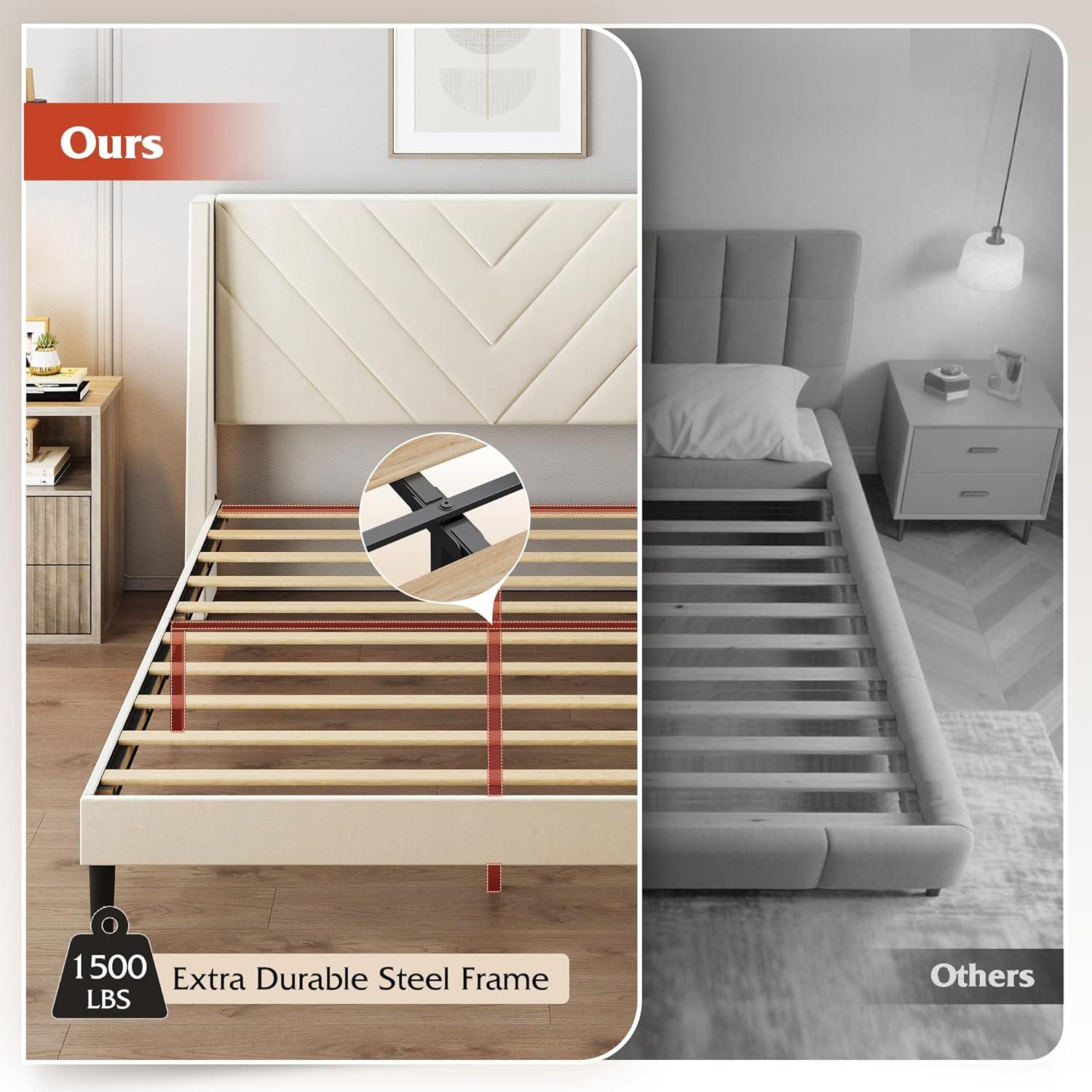 imageWLIVE Queen Size Upholstered Bed Frame with Wing Side Tufted Headboard Velvet Tufted Platform Bed Sturdy Metal ampamp Wooden Slats Support No Box Spring Needed BeigeBeige