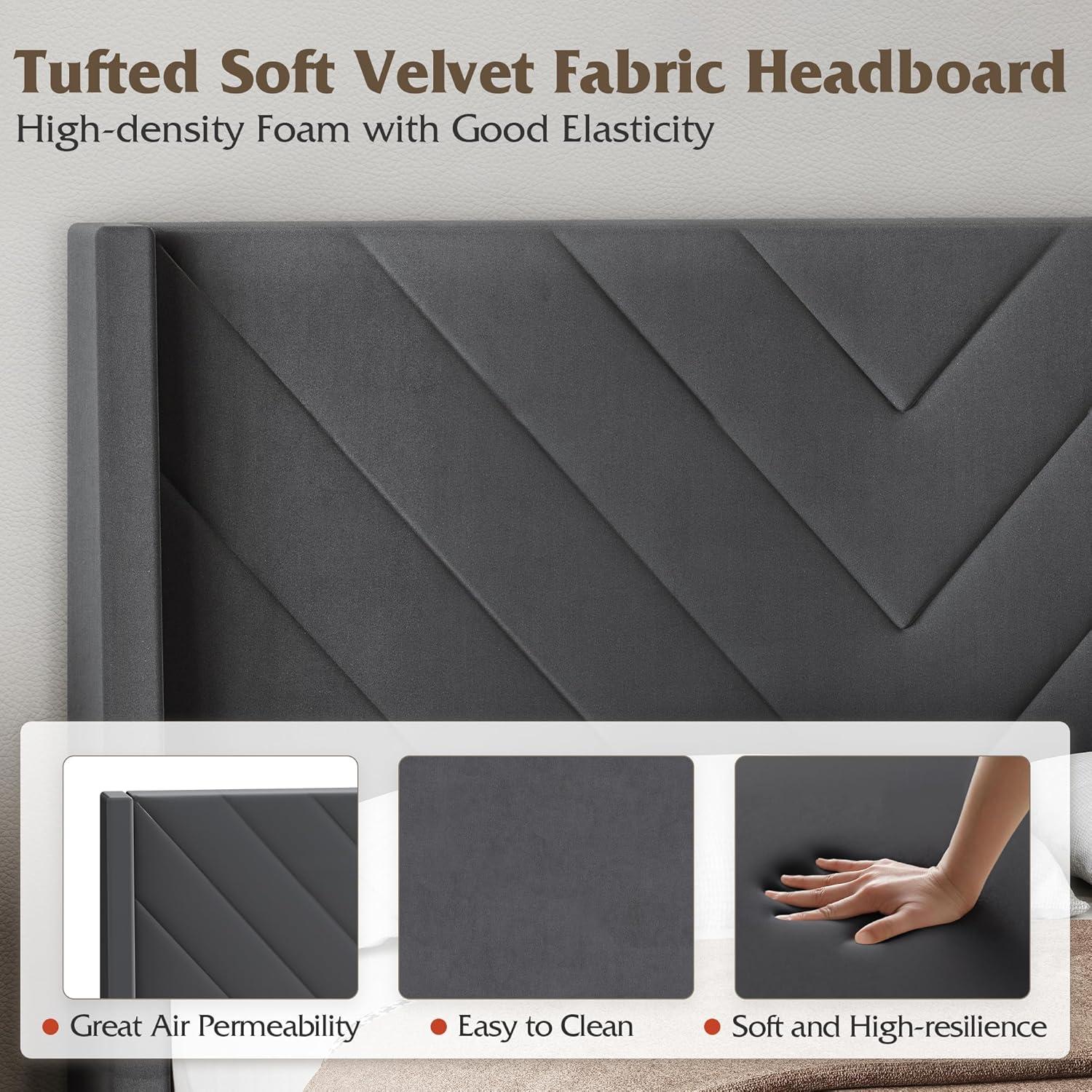 imageWLIVE Queen Size Upholstered Bed Frame with Wing Side Tufted Headboard Velvet Tufted Platform Bed Sturdy Metal ampamp Wooden Slats Support No Box Spring Needed BeigeGrey