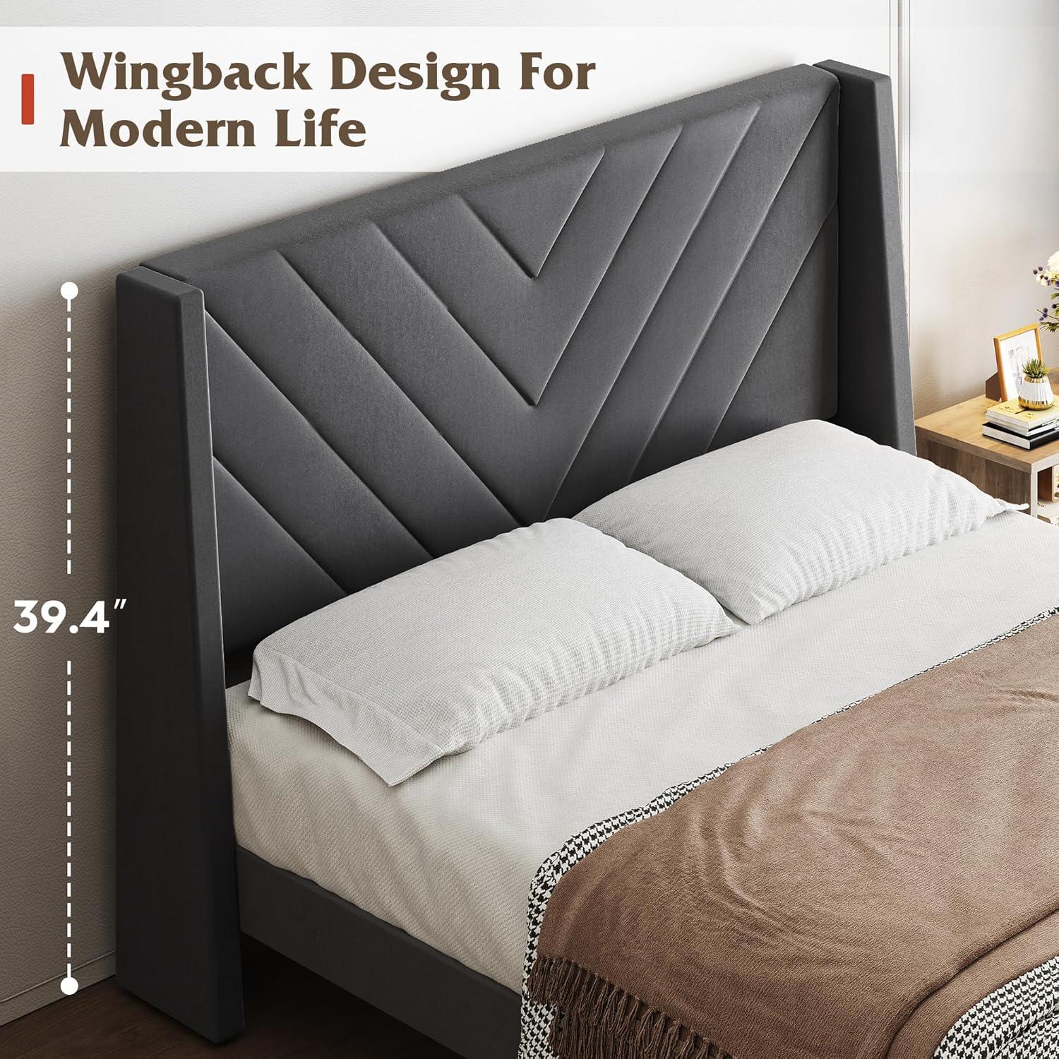 imageWLIVE Queen Size Upholstered Bed Frame with Wing Side Tufted Headboard Velvet Tufted Platform Bed Sturdy Metal ampamp Wooden Slats Support No Box Spring Needed BeigeGrey