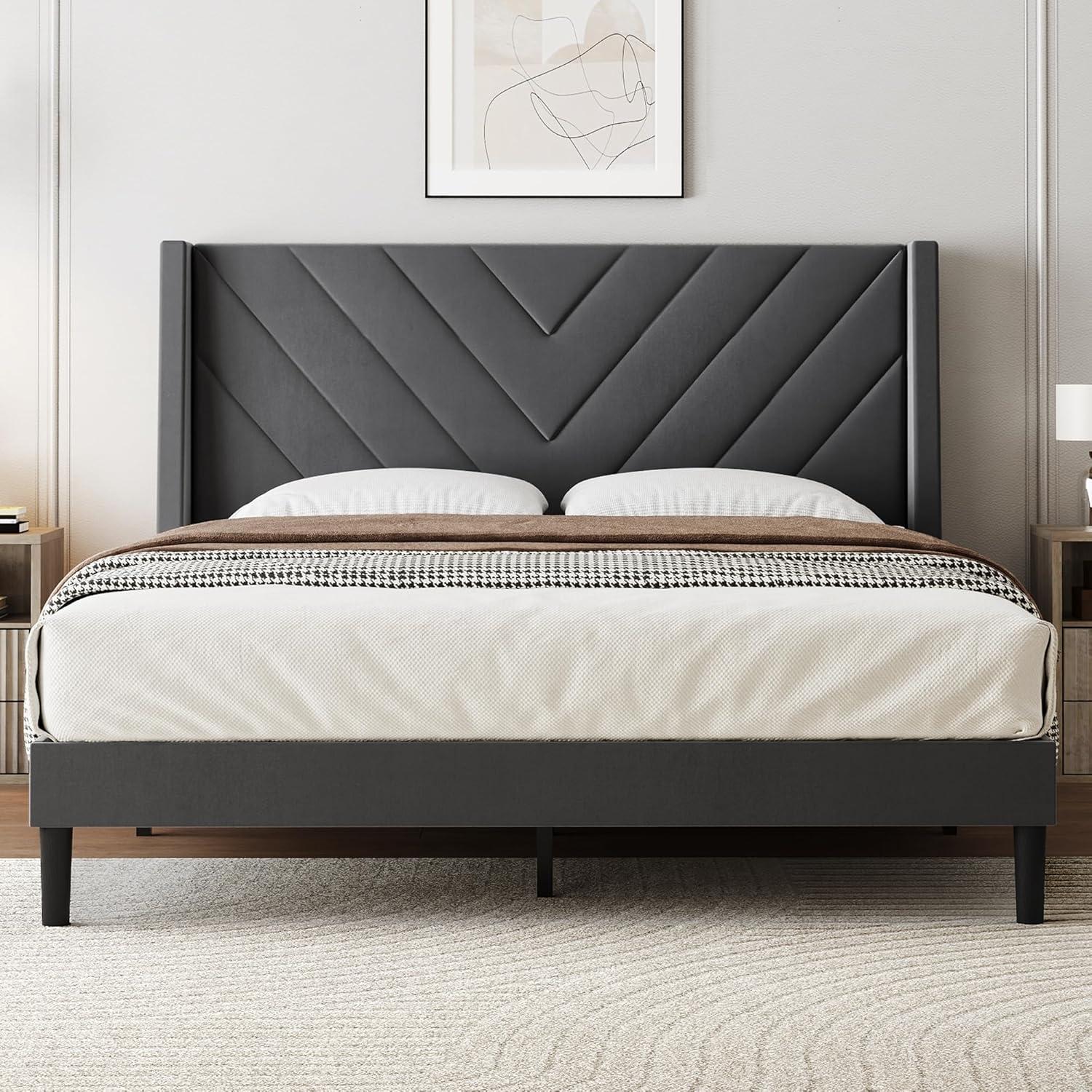 imageWLIVE Queen Size Upholstered Bed Frame with Wing Side Tufted Headboard Velvet Tufted Platform Bed Sturdy Metal ampamp Wooden Slats Support No Box Spring Needed BeigeGrey