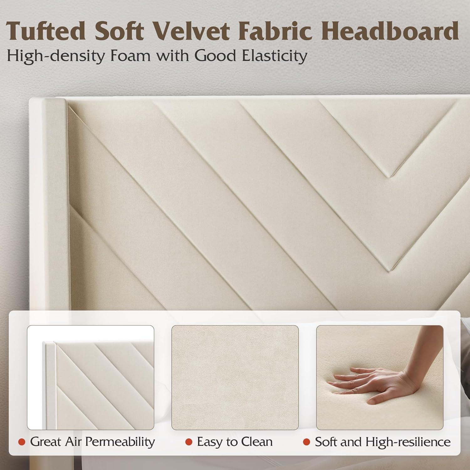 imageWLIVE Queen Size Upholstered Bed Frame with Wing Side Tufted Headboard Velvet Tufted Platform Bed Sturdy Metal ampamp Wooden Slats Support No Box Spring Needed BeigeBeige