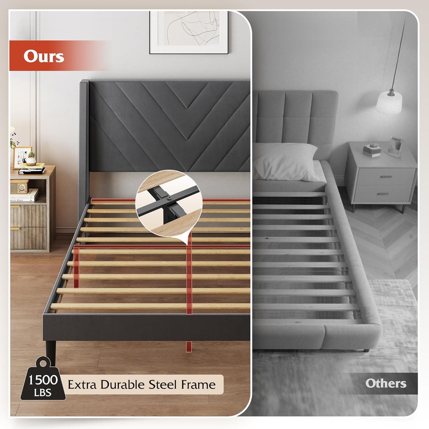 imageWLIVE Queen Size Upholstered Bed Frame with Wing Side Tufted Headboard Velvet Tufted Platform Bed Sturdy Metal ampamp Wooden Slats Support No Box Spring Needed BeigeGrey