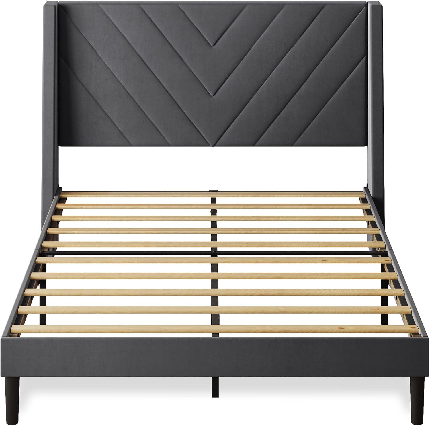 imageWLIVE Queen Size Upholstered Bed Frame with Wing Side Tufted Headboard Velvet Tufted Platform Bed Sturdy Metal ampamp Wooden Slats Support No Box Spring Needed BeigeGrey