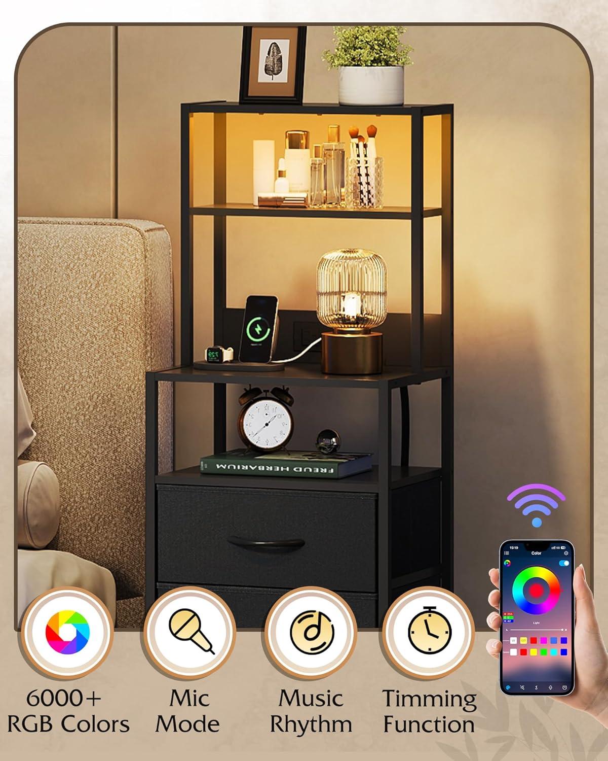 imageWLIVE Tall Nightstand with Charging Station LED Night Stand with 3 Fabric Drawers and Storage Open Shelves Bedroom Nightstand table Bed Side Table for Living Room BlackBlack