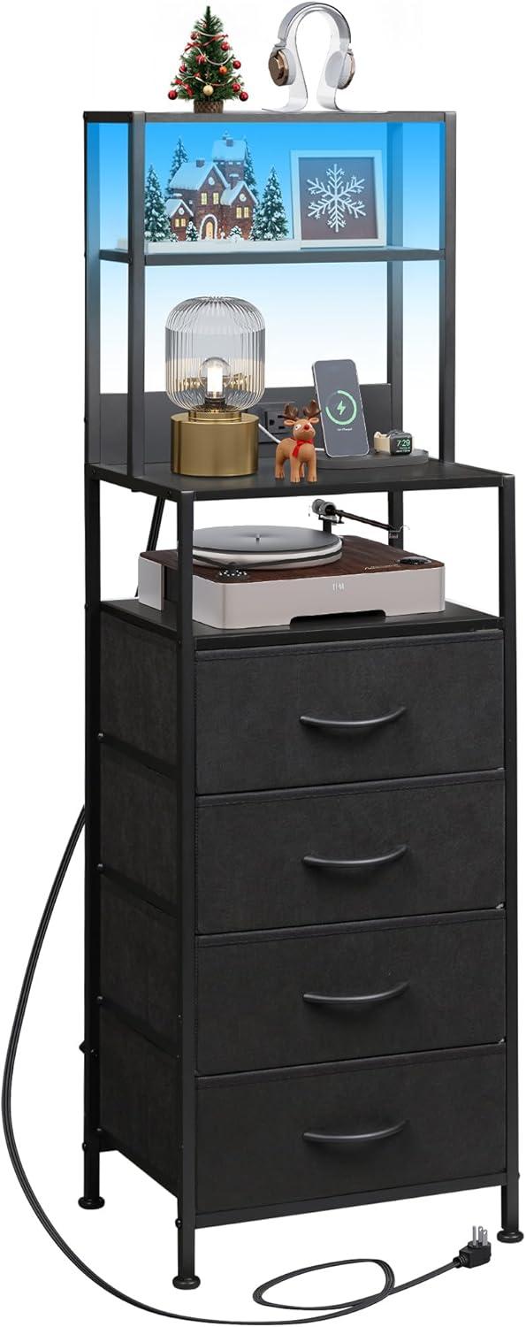 imageWLIVE Tall Nightstand with Charging Station LED Night Stand with 3 Fabric Drawers and Storage Open Shelves Bedroom Nightstand table Bed Side Table for Living Room BlackBlack