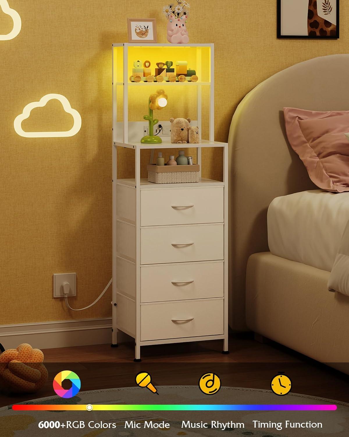 imageWLIVE Tall Nightstand with Charging Station LED Night Stand with 3 Fabric Drawers and Storage Open Shelves Bedroom Nightstand table Bed Side Table for Living Room BlackWhite