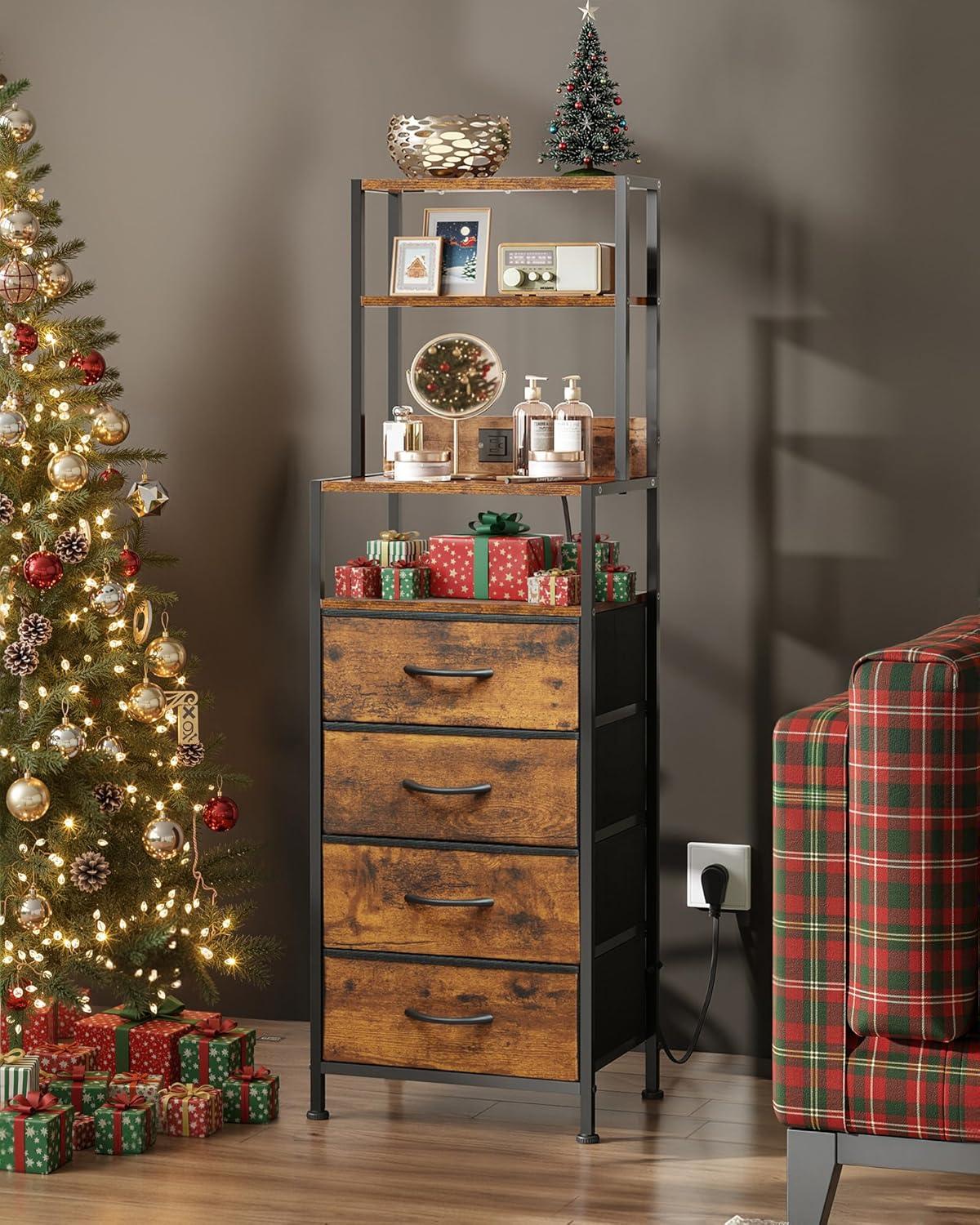 imageWLIVE Tall Nightstand with Charging Station LED Night Stand with 3 Fabric Drawers and Storage Open Shelves Bedroom Nightstand table Bed Side Table for Living Room BlackRustic Brown