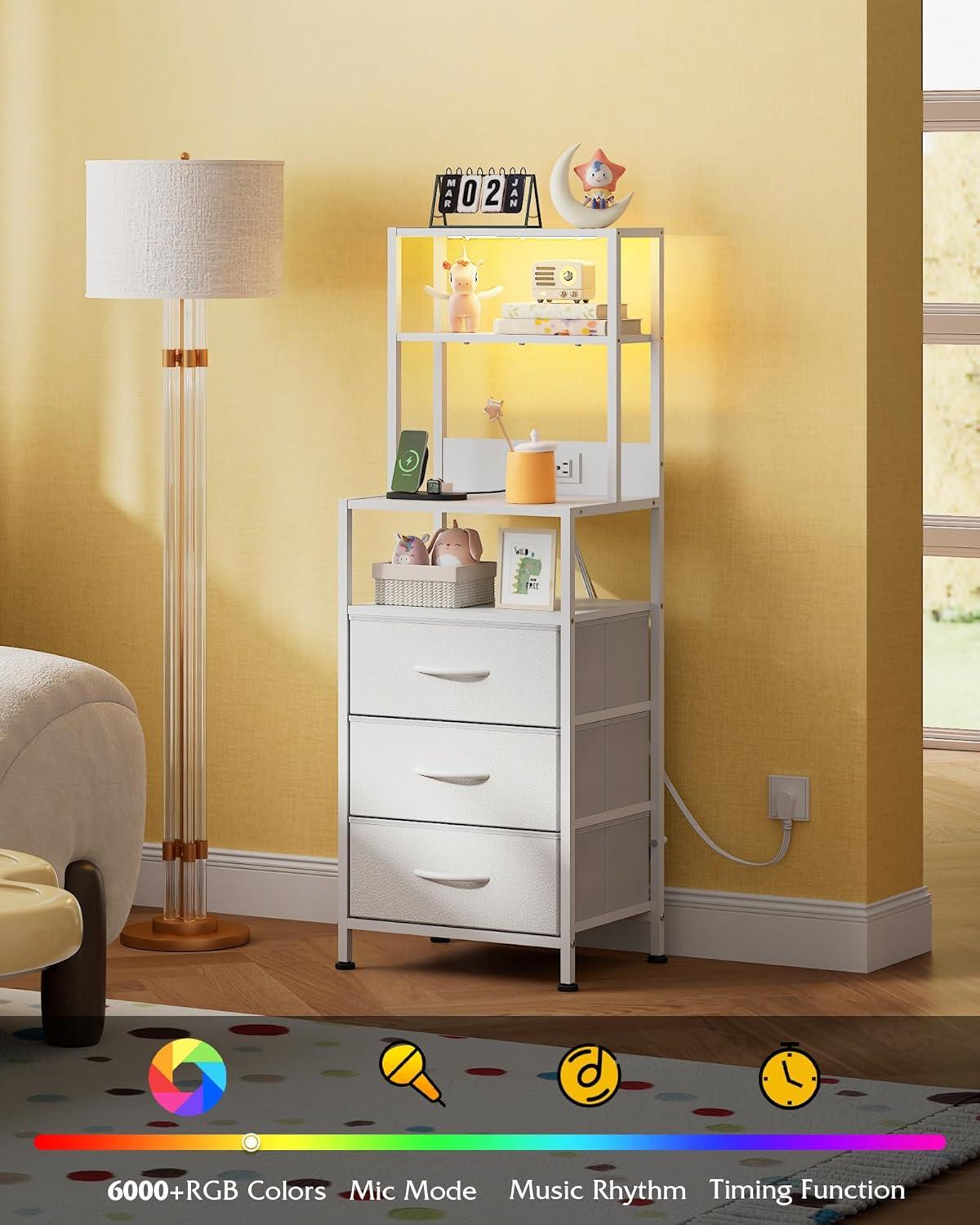 imageWLIVE Tall Nightstand with Charging Station LED Night Stand with 3 Fabric Drawers and Storage Open Shelves Bedroom Nightstand table Bed Side Table for Living Room BlackWhite