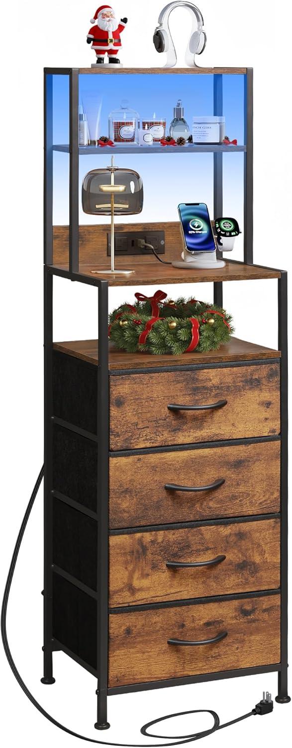 imageWLIVE Tall Nightstand with Charging Station LED Night Stand with 3 Fabric Drawers and Storage Open Shelves Bedroom Nightstand table Bed Side Table for Living Room BlackRustic Brown