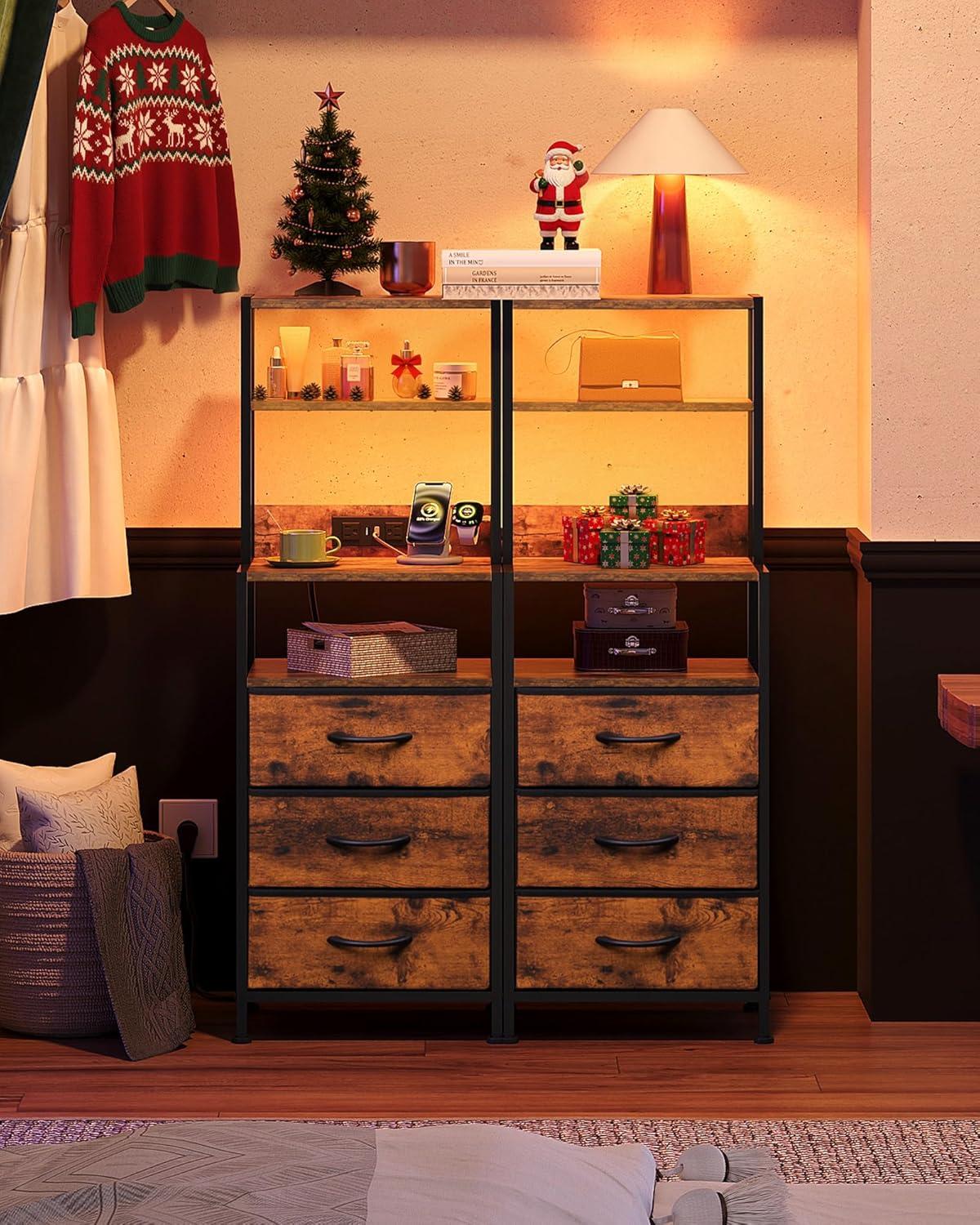 imageWLIVE Tall Nightstand with Charging Station LED Night Stand with 3 Fabric Drawers and Storage Open Shelves Bedroom Nightstand table Bed Side Table for Living Room BlackRustic Brown