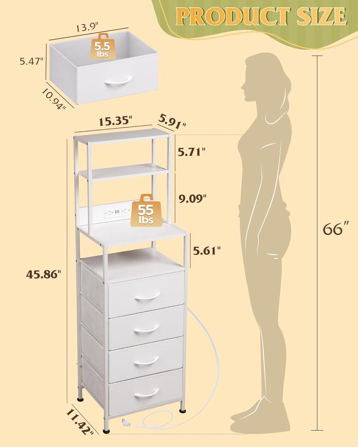 imageWLIVE Tall Nightstand with Charging Station LED Night Stand with 3 Fabric Drawers and Storage Open Shelves Bedroom Nightstand table Bed Side Table for Living Room BlackWhite