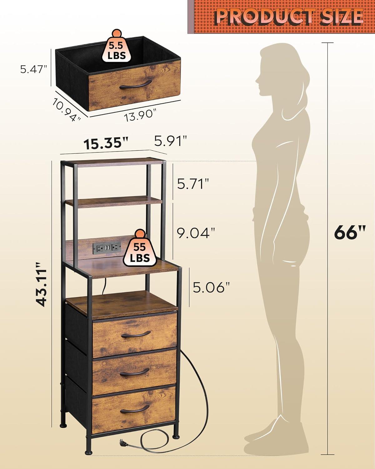 imageWLIVE Tall Nightstand with Charging Station LED Night Stand with 3 Fabric Drawers and Storage Open Shelves Bedroom Nightstand table Bed Side Table for Living Room BlackRustic Brown