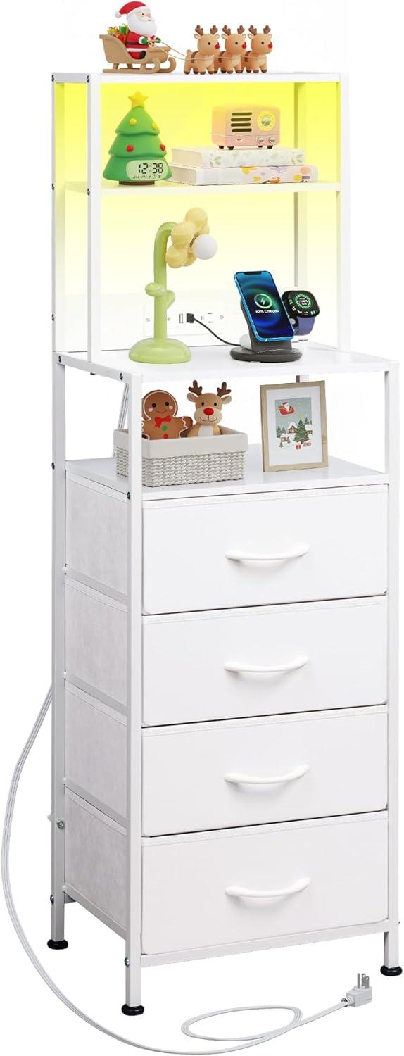 imageWLIVE Tall Nightstand with Charging Station LED Night Stand with 3 Fabric Drawers and Storage Open Shelves Bedroom Nightstand table Bed Side Table for Living Room BlackWhite