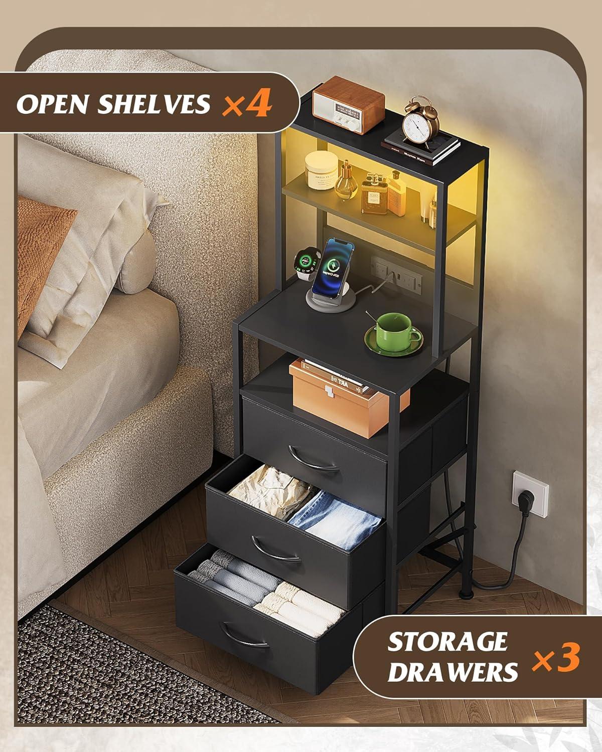 imageWLIVE Tall Nightstand with Charging Station LED Night Stand with 3 Fabric Drawers and Storage Open Shelves Bedroom Nightstand table Bed Side Table for Living Room BlackBlack