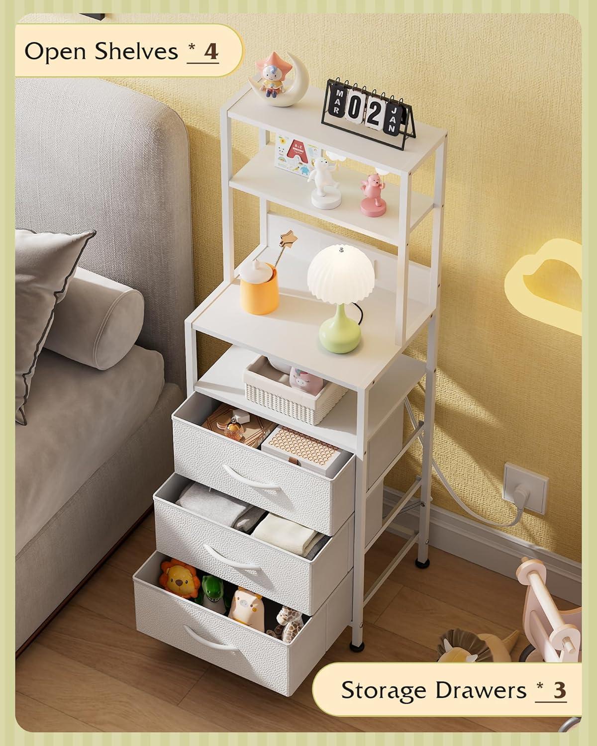 imageWLIVE Tall Nightstand with Charging Station LED Night Stand with 3 Fabric Drawers and Storage Open Shelves Bedroom Nightstand table Bed Side Table for Living Room BlackWhite