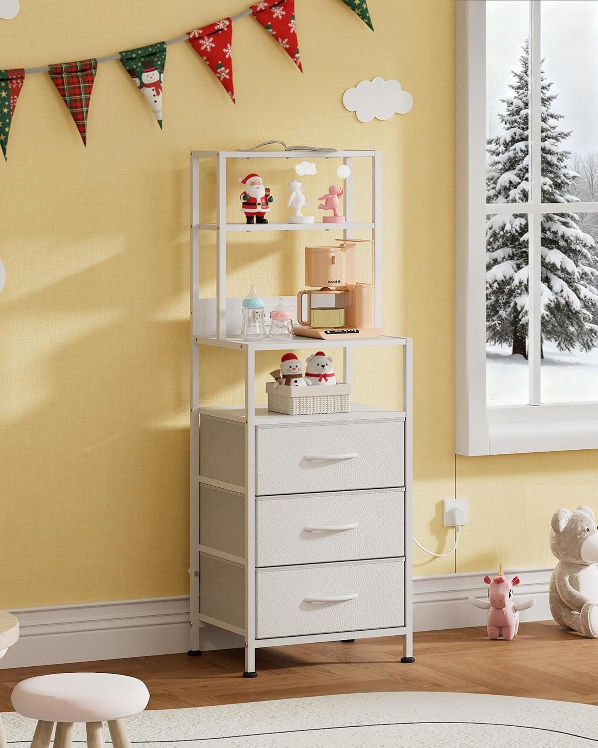 imageWLIVE Tall Nightstand with Charging Station LED Night Stand with 3 Fabric Drawers and Storage Open Shelves Bedroom Nightstand table Bed Side Table for Living Room BlackWhite