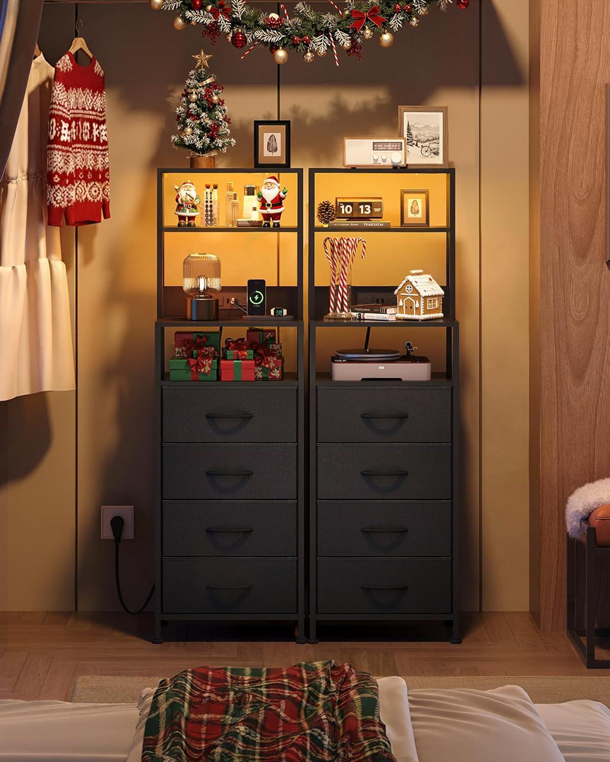 imageWLIVE Tall Nightstand with Charging Station LED Night Stand with 3 Fabric Drawers and Storage Open Shelves Bedroom Nightstand table Bed Side Table for Living Room BlackBlack