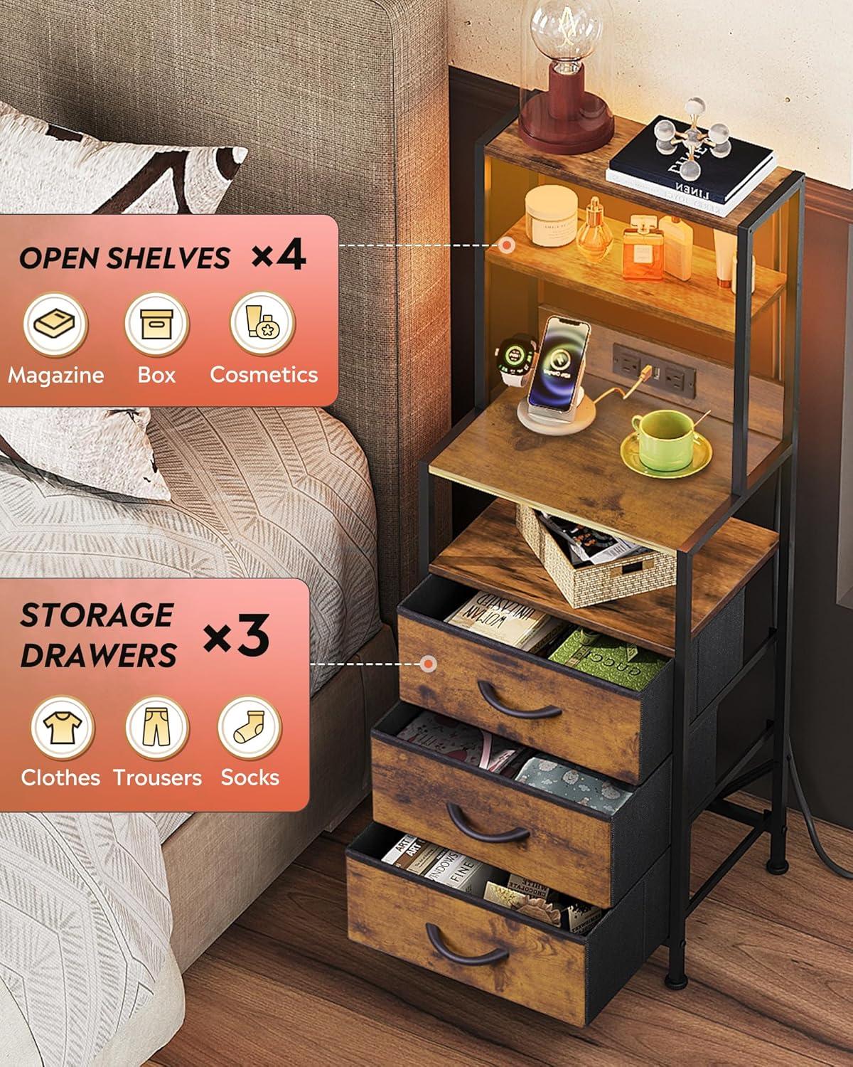 imageWLIVE Tall Nightstand with Charging Station LED Night Stand with 3 Fabric Drawers and Storage Open Shelves Bedroom Nightstand table Bed Side Table for Living Room BlackRustic Brown