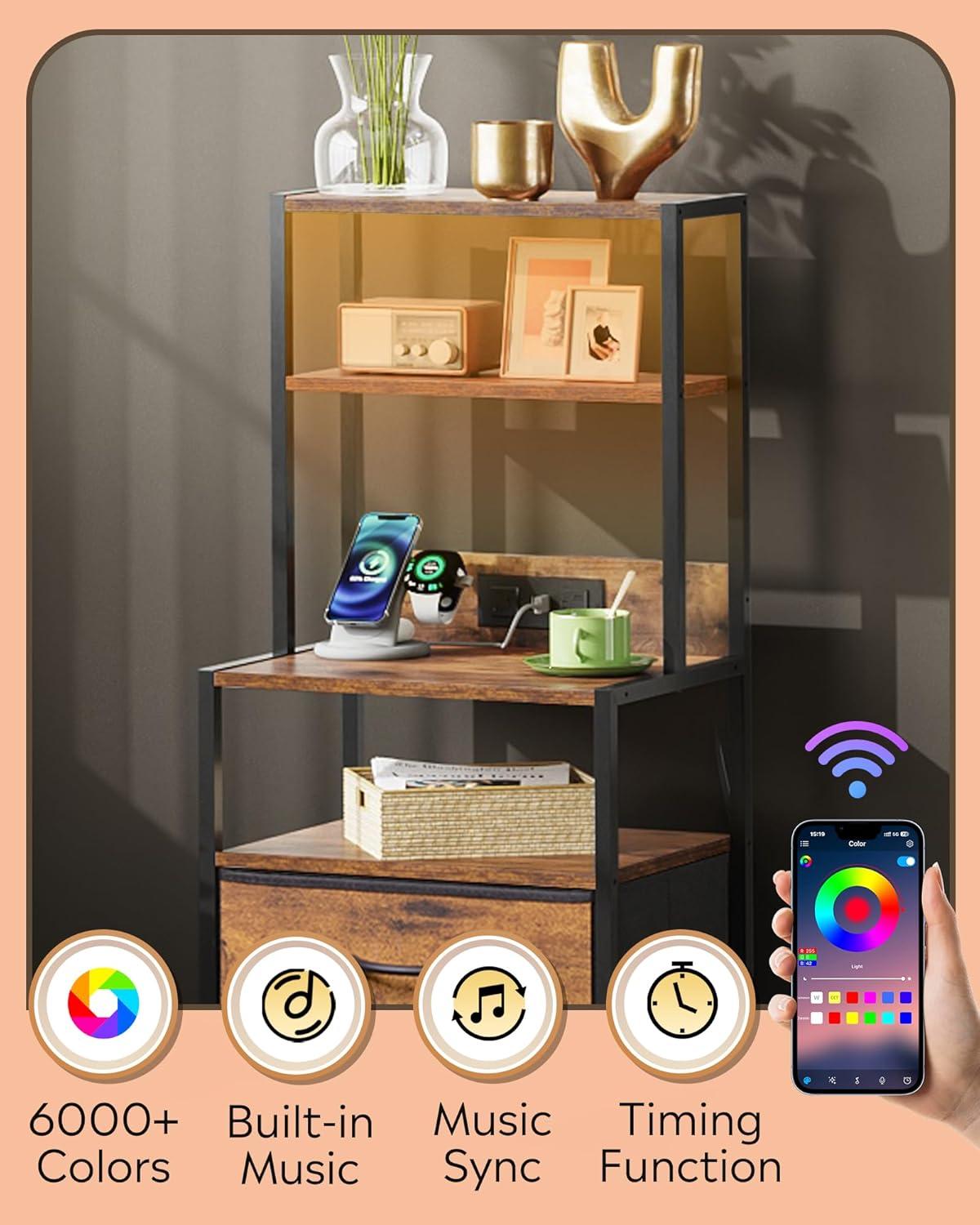 imageWLIVE Tall Nightstand with Charging Station LED Night Stand with 3 Fabric Drawers and Storage Open Shelves Bedroom Nightstand table Bed Side Table for Living Room BlackRustic Brown