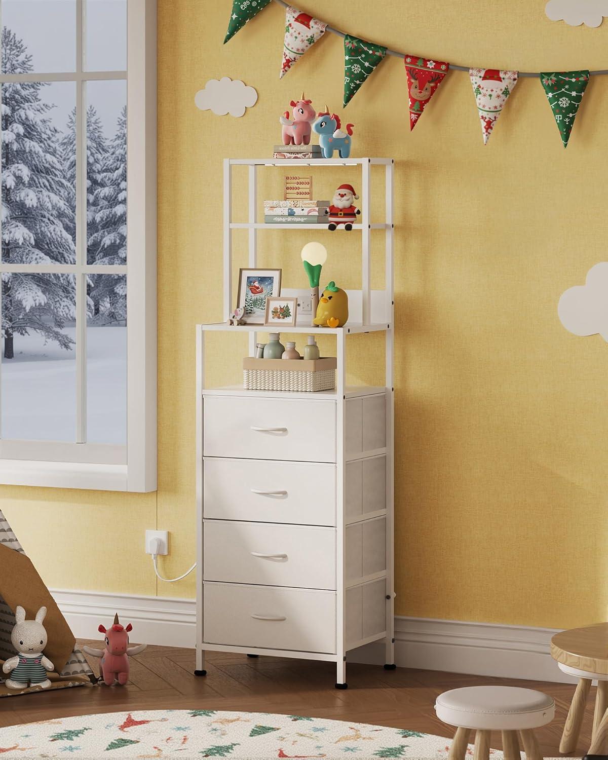 imageWLIVE Tall Nightstand with Charging Station LED Night Stand with 3 Fabric Drawers and Storage Open Shelves Bedroom Nightstand table Bed Side Table for Living Room BlackWhite