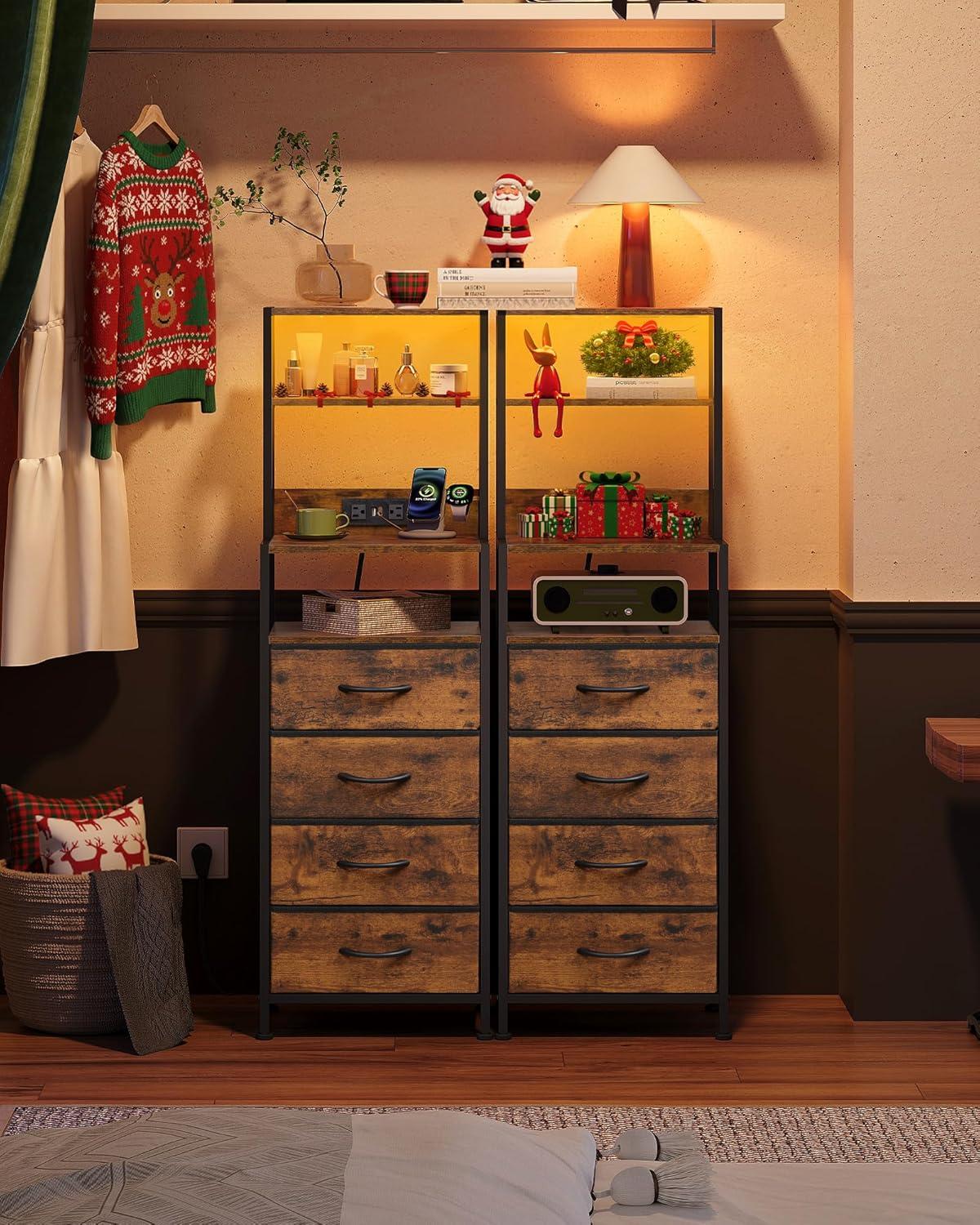 imageWLIVE Tall Nightstand with Charging Station LED Night Stand with 3 Fabric Drawers and Storage Open Shelves Bedroom Nightstand table Bed Side Table for Living Room BlackRustic Brown