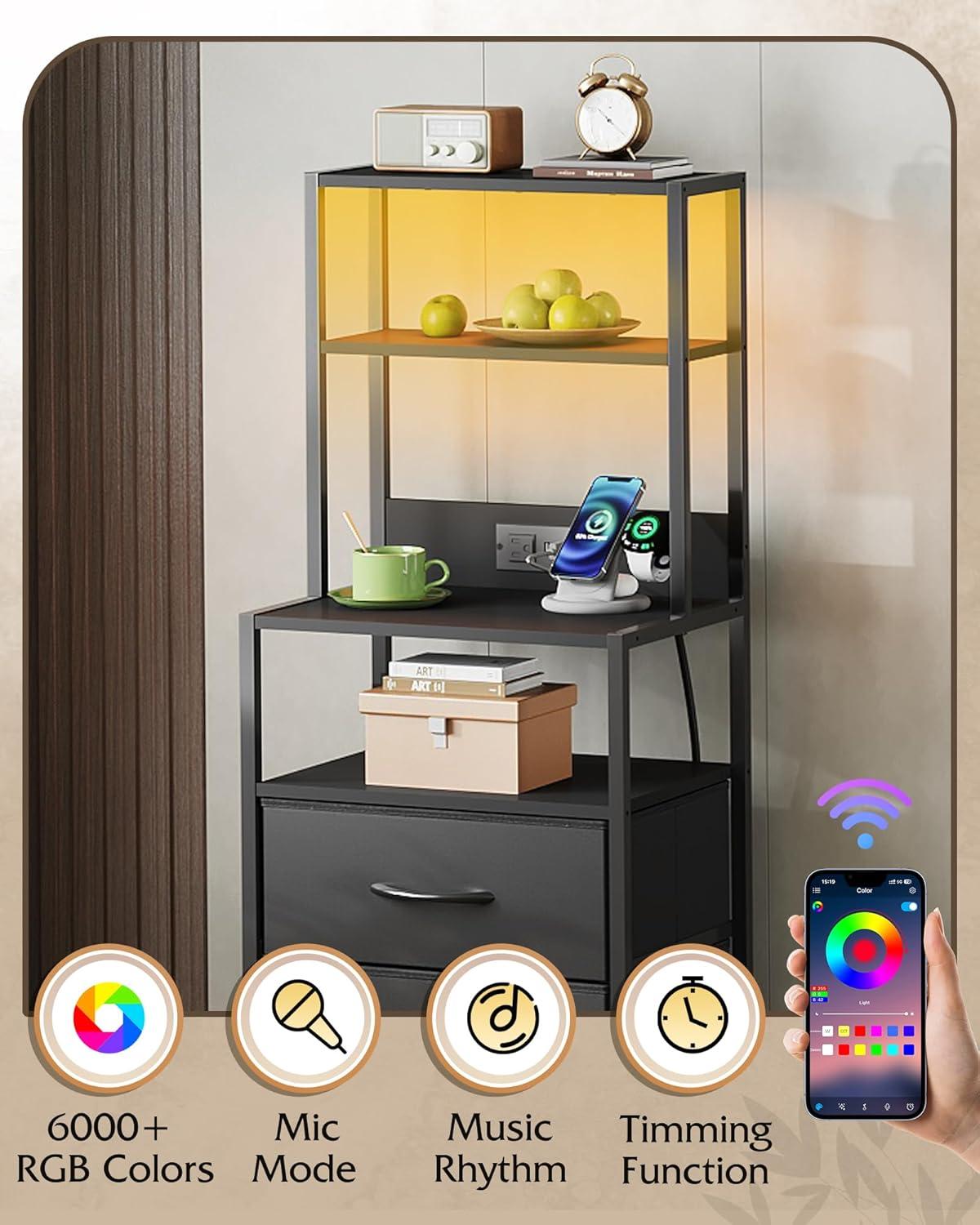 imageWLIVE Tall Nightstand with Charging Station LED Night Stand with 3 Fabric Drawers and Storage Open Shelves Bedroom Nightstand table Bed Side Table for Living Room BlackBlack