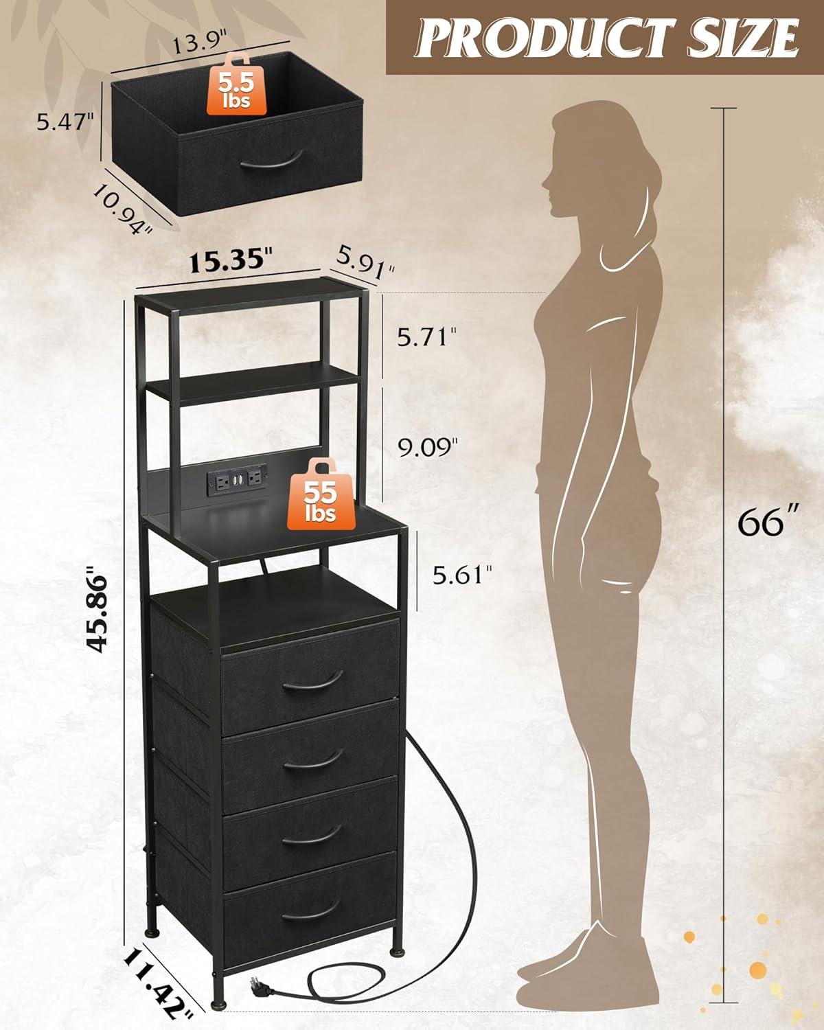 imageWLIVE Tall Nightstand with Charging Station LED Night Stand with 3 Fabric Drawers and Storage Open Shelves Bedroom Nightstand table Bed Side Table for Living Room BlackBlack