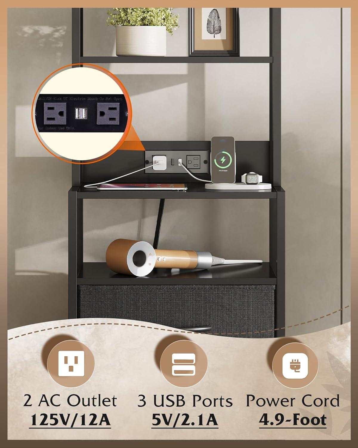 imageWLIVE Tall Nightstand with Charging Station LED Night Stand with 3 Fabric Drawers and Storage Open Shelves Bedroom Nightstand table Bed Side Table for Living Room BlackBlack