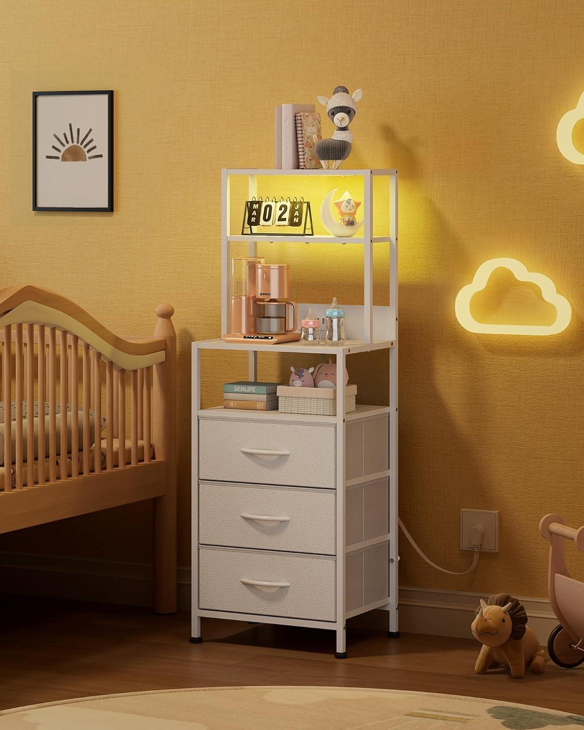 imageWLIVE Tall Nightstand with Charging Station LED Night Stand with 3 Fabric Drawers and Storage Open Shelves Bedroom Nightstand table Bed Side Table for Living Room BlackWhite