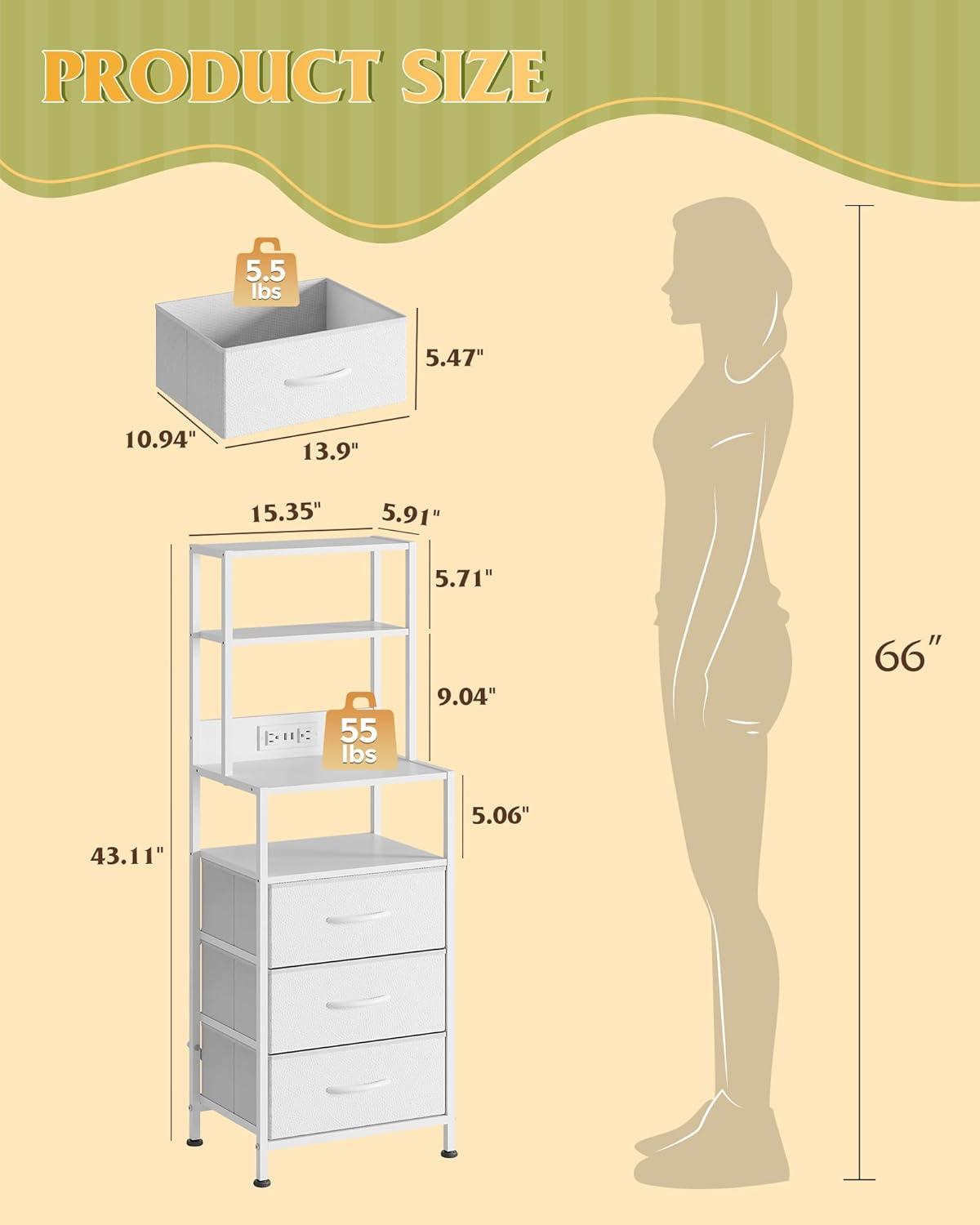 imageWLIVE Tall Nightstand with Charging Station LED Night Stand with 3 Fabric Drawers and Storage Open Shelves Bedroom Nightstand table Bed Side Table for Living Room BlackWhite