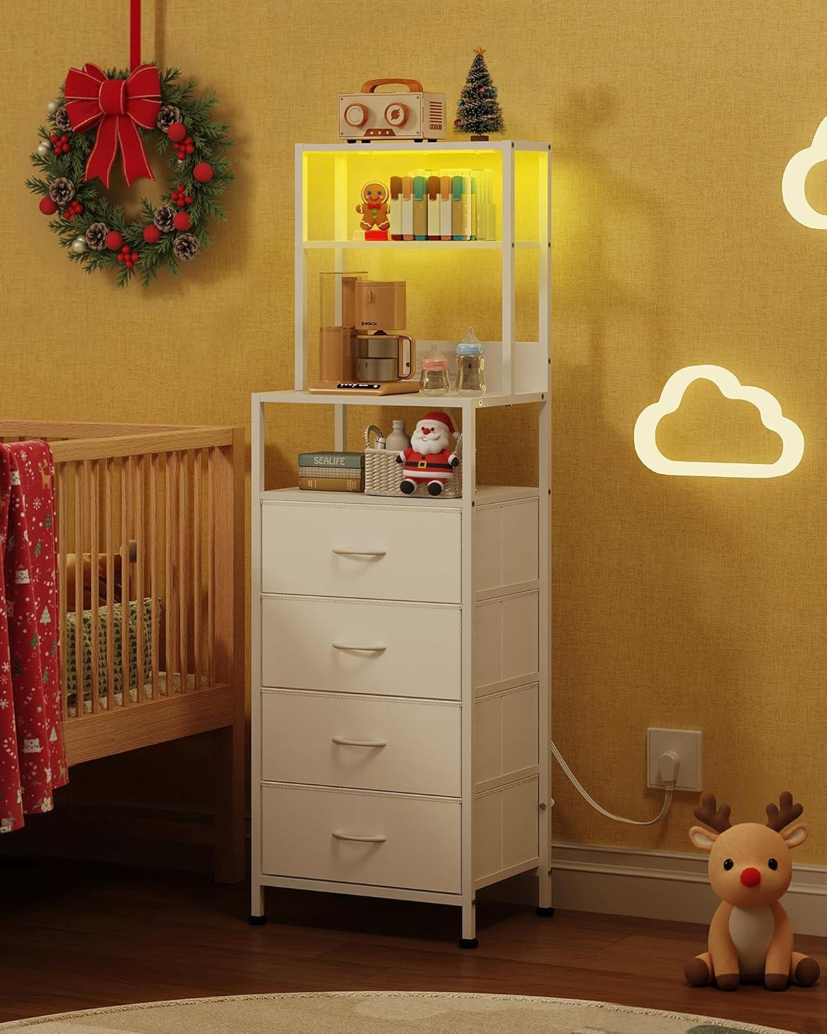 imageWLIVE Tall Nightstand with Charging Station LED Night Stand with 3 Fabric Drawers and Storage Open Shelves Bedroom Nightstand table Bed Side Table for Living Room BlackWhite