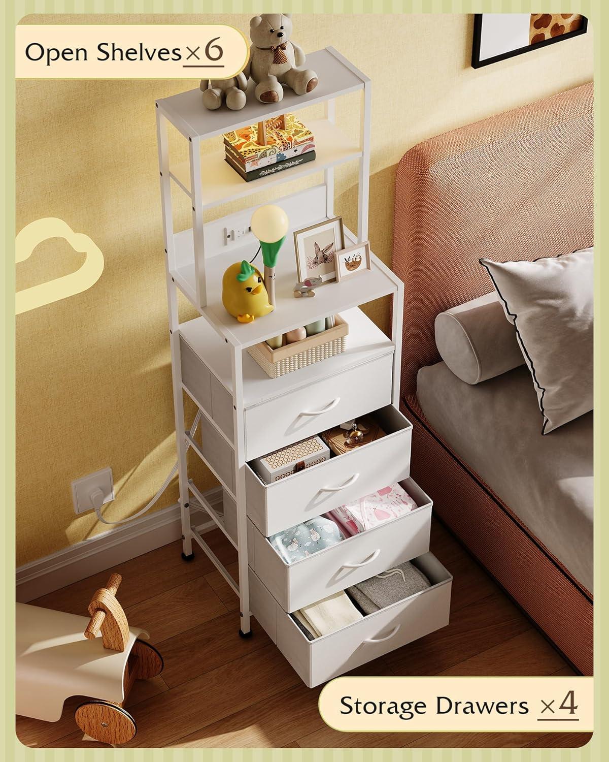 imageWLIVE Tall Nightstand with Charging Station LED Night Stand with 3 Fabric Drawers and Storage Open Shelves Bedroom Nightstand table Bed Side Table for Living Room BlackWhite