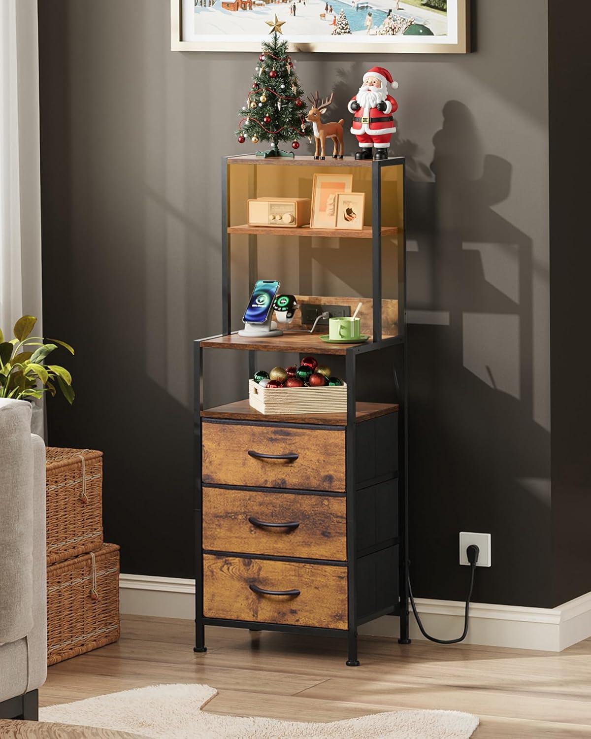 imageWLIVE Tall Nightstand with Charging Station LED Night Stand with 3 Fabric Drawers and Storage Open Shelves Bedroom Nightstand table Bed Side Table for Living Room BlackRustic Brown