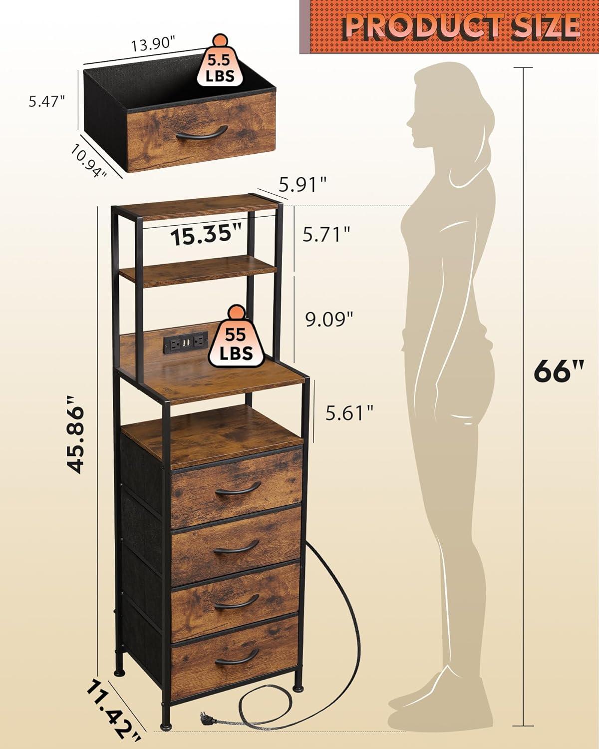imageWLIVE Tall Nightstand with Charging Station LED Night Stand with 3 Fabric Drawers and Storage Open Shelves Bedroom Nightstand table Bed Side Table for Living Room BlackRustic Brown