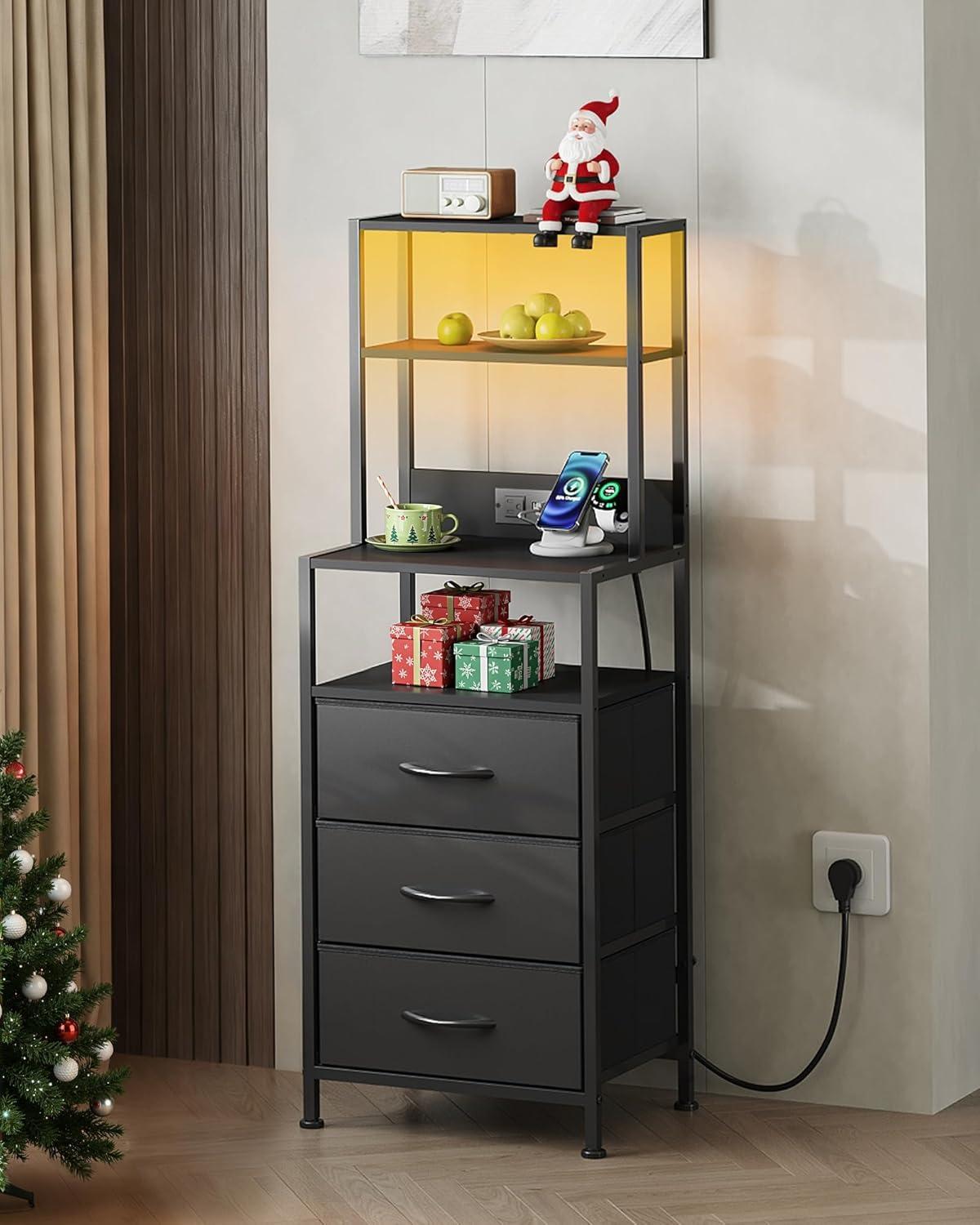 imageWLIVE Tall Nightstand with Charging Station LED Night Stand with 3 Fabric Drawers and Storage Open Shelves Bedroom Nightstand table Bed Side Table for Living Room BlackBlack