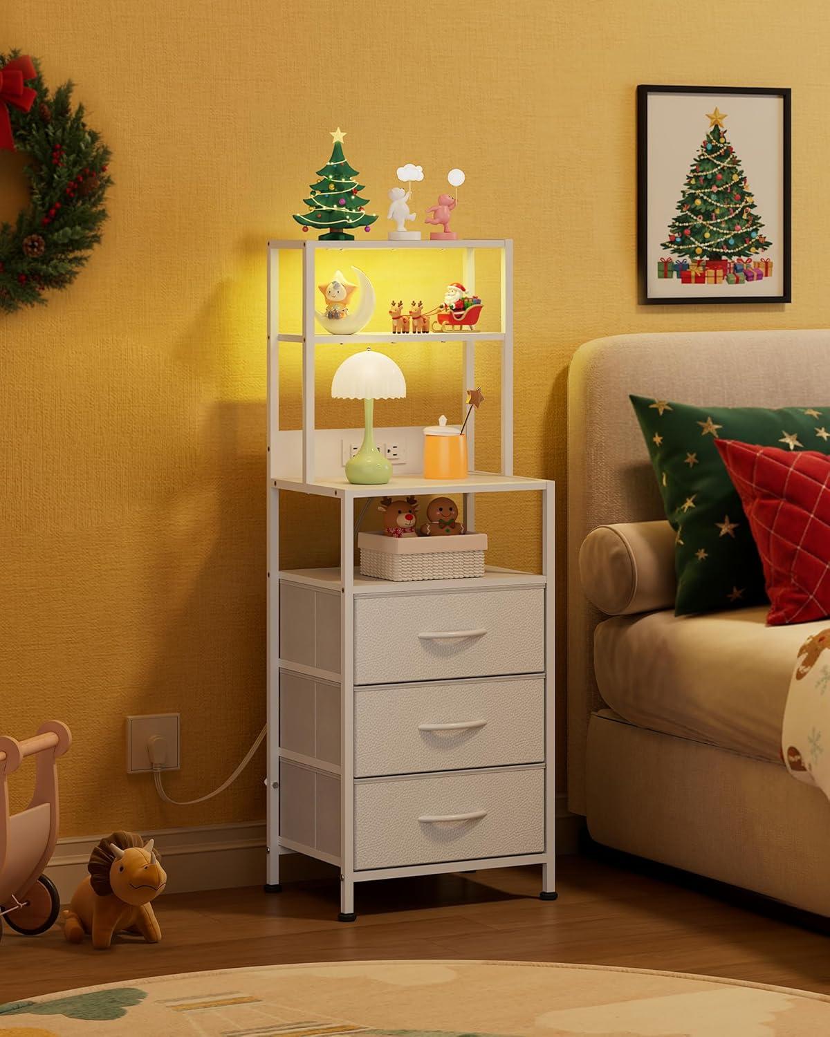 imageWLIVE Tall Nightstand with Charging Station LED Night Stand with 3 Fabric Drawers and Storage Open Shelves Bedroom Nightstand table Bed Side Table for Living Room BlackWhite