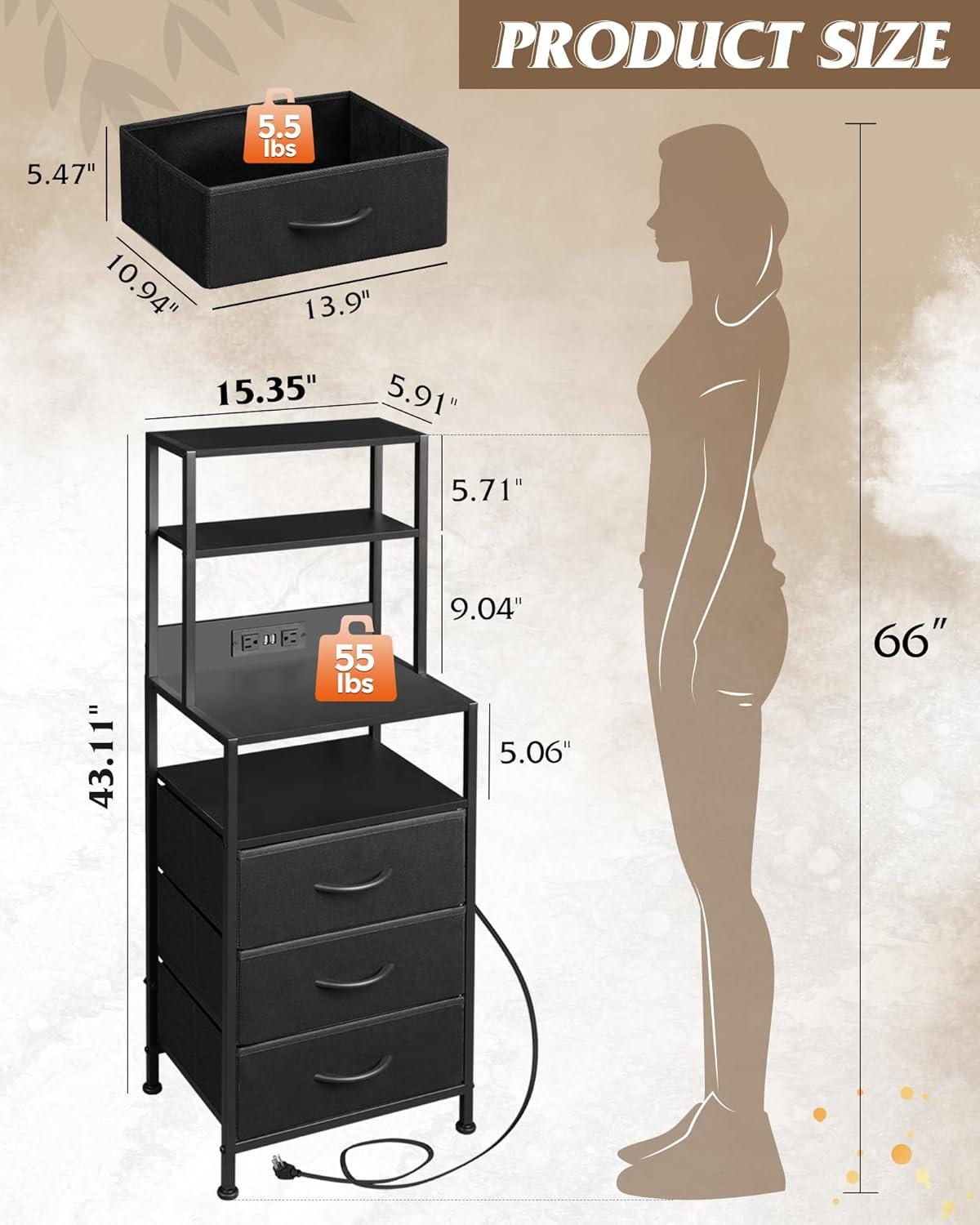 imageWLIVE Tall Nightstand with Charging Station LED Night Stand with 3 Fabric Drawers and Storage Open Shelves Bedroom Nightstand table Bed Side Table for Living Room BlackBlack