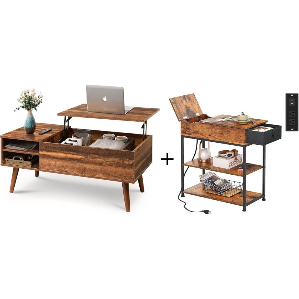 imageWLIVE Coffee Table and End Table Set Retro Brown Rustic Brown