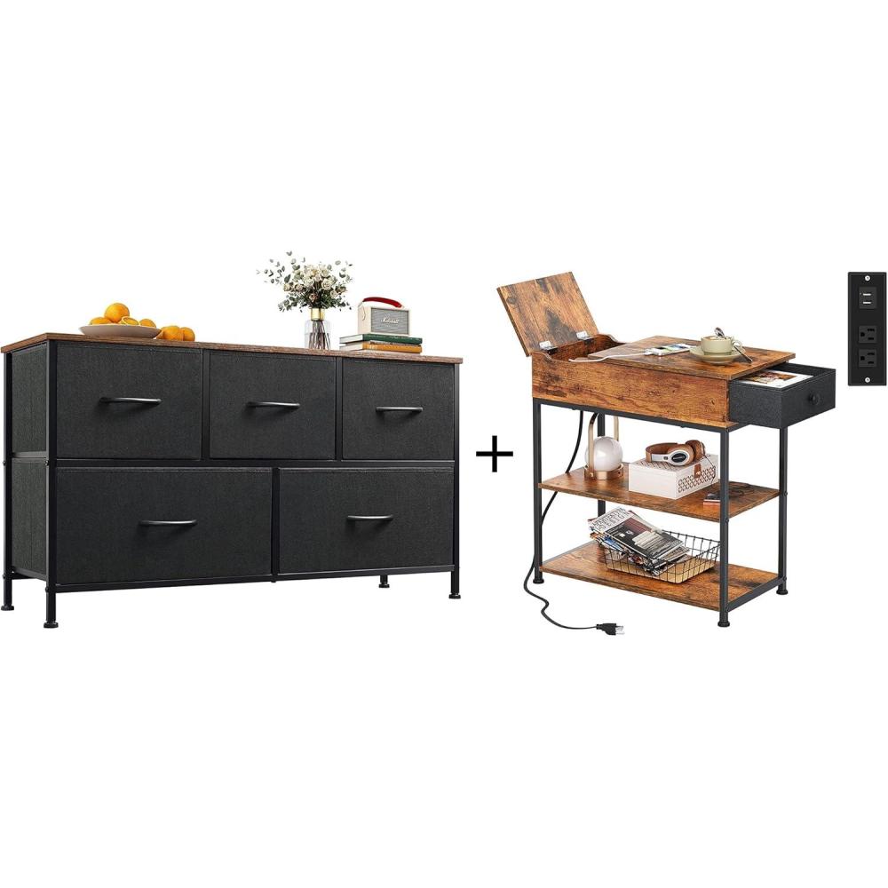 imageWLIVE Dresser and End Table Set with Charging Station Rustic Brown Black