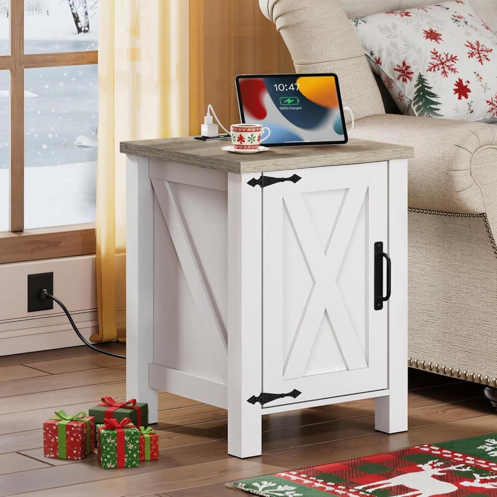 imageWLIVE Nightstand with Charging Station Farmhouse Night Stand with Barn Door and Storage Wooden Cabinet End Side Table with USB Ports and Outlets for Bedroom WhiteWhite