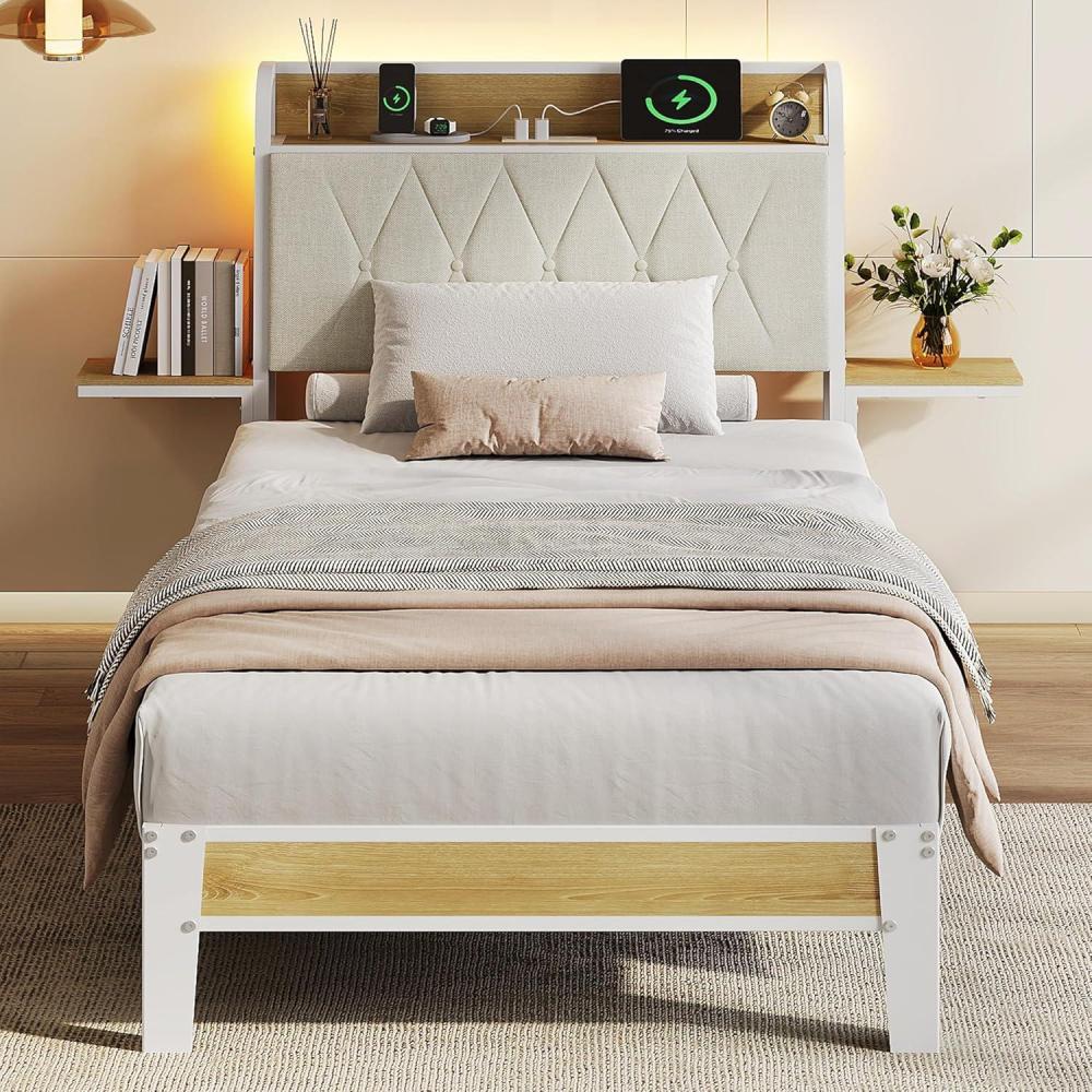 imageWLIVE Queen Size Upholstered Bed Frame with 2 Side Shelves Linen Tufted Storage Headboard with Charging Ports and LED Light Metal Solid and Stable No Box Spring Needed Easy Assembly BeigeWhite
