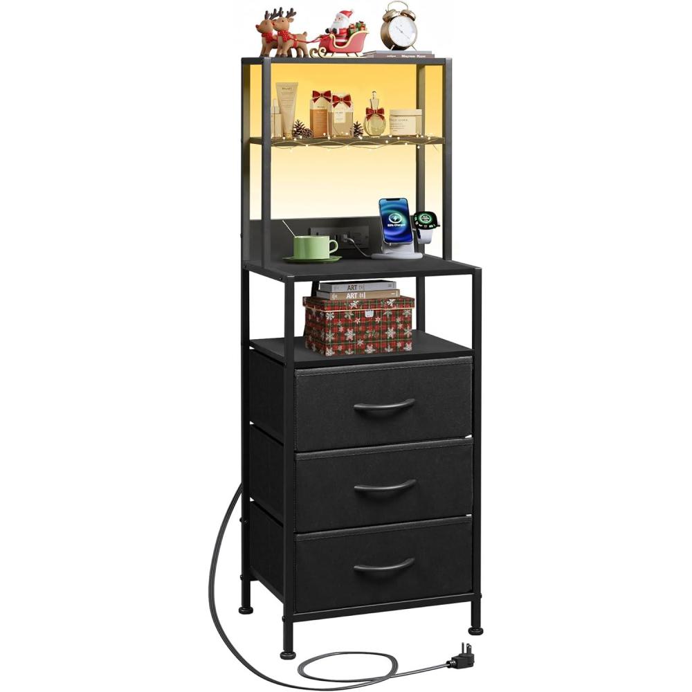 imageWLIVE Tall Nightstand with Charging Station LED Night Stand with 3 Fabric Drawers and Storage Open Shelves Bedroom Nightstand table Bed Side Table for Living Room BlackBlack