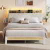 imageWLIVE Queen Size Upholstered Bed Frame with 2 Side Shelves Linen Tufted Storage Headboard with Charging Ports and LED Light Metal Solid and Stable No Box Spring Needed Easy Assembly BeigeWhite