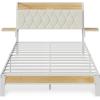 imageWLIVE Queen Size Upholstered Bed Frame with 2 Side Shelves Linen Tufted Storage Headboard with Charging Ports and LED Light Metal Solid and Stable No Box Spring Needed Easy Assembly BeigeWhite
