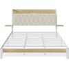 imageWLIVE Queen Size Upholstered Bed Frame with 2 Side Shelves Linen Tufted Storage Headboard with Charging Ports and LED Light Metal Solid and Stable No Box Spring Needed Easy Assembly BeigeWhite