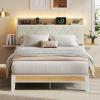 imageWLIVE Queen Size Upholstered Bed Frame with 2 Side Shelves Linen Tufted Storage Headboard with Charging Ports and LED Light Metal Solid and Stable No Box Spring Needed Easy Assembly BeigeWhite