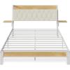 imageWLIVE Queen Size Upholstered Bed Frame with 2 Side Shelves Linen Tufted Storage Headboard with Charging Ports and LED Light Metal Solid and Stable No Box Spring Needed Easy Assembly BeigeWhite